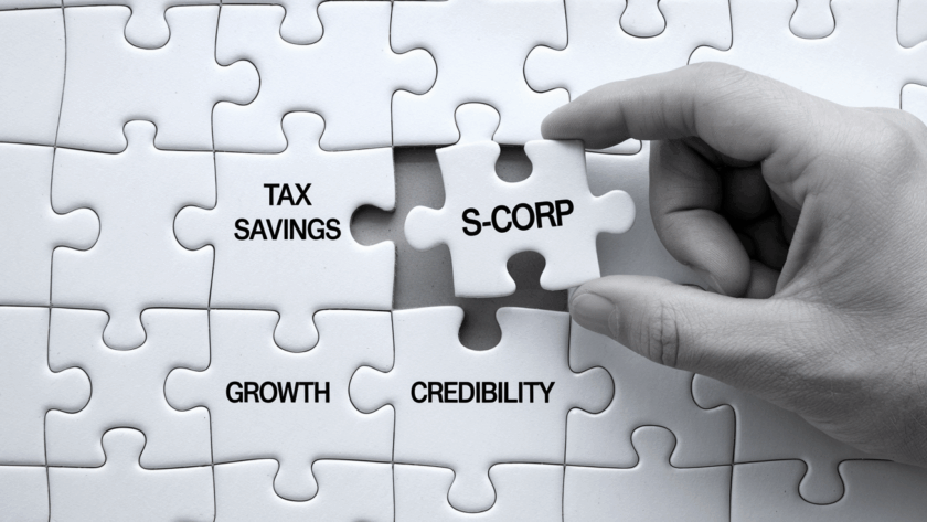Line art puzzle with an S-Corp piece fitting into slots for tax savings, growth, and credibility
