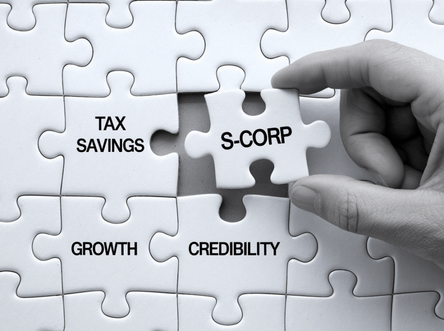 Line art puzzle with an S-Corp piece fitting into slots for tax savings, growth, and credibility