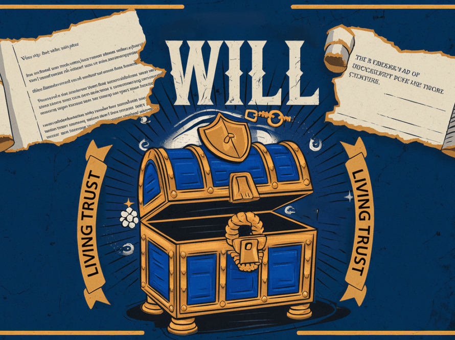 Block illustration contrasting a will and a living trust, highlighting the advantages of a trust.