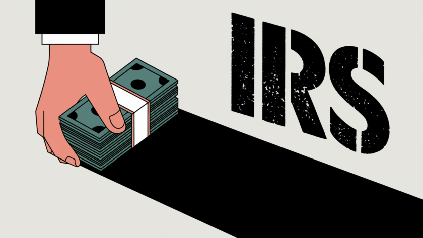 A hand holding cash with the shadow of the IRS logo looming large.