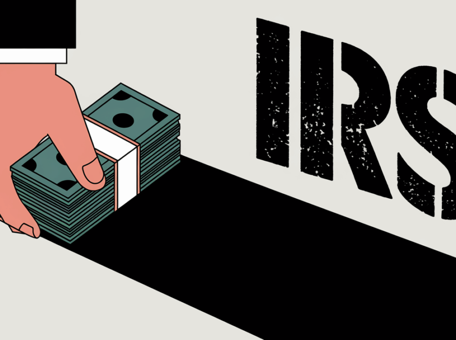 A hand holding cash with the shadow of the IRS logo looming large.