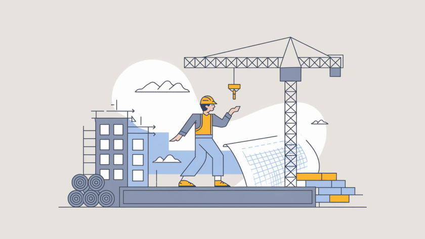 Line art of a construction worker balancing on a beam, symbolizing WIP