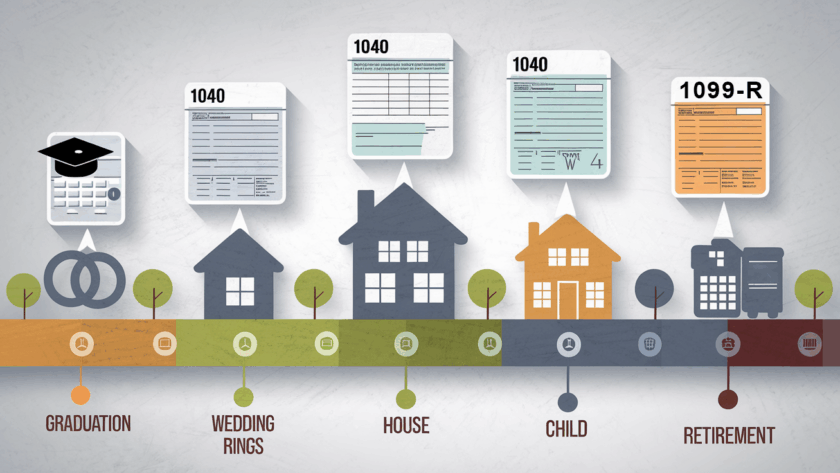 A stylized timeline of life with tax forms emerging from key milestones.