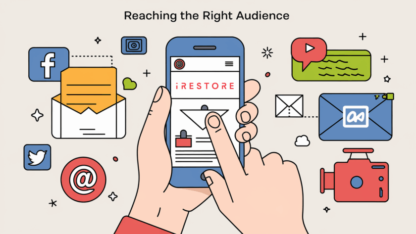 Line art of a person with a smartphone surrounded by marketing icons and 'Reaching the Right Audience' text