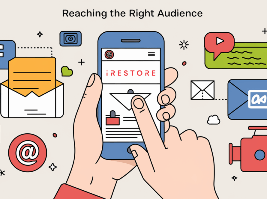 Line art of a person with a smartphone surrounded by marketing icons and 'Reaching the Right Audience' text