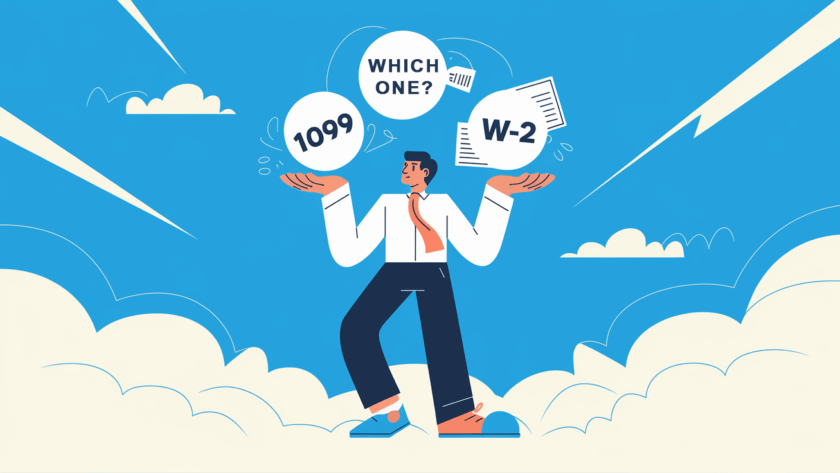 An advertising illustration of a person juggling "1099" and "W-2" icons, depicting the complexities of worker classification.
