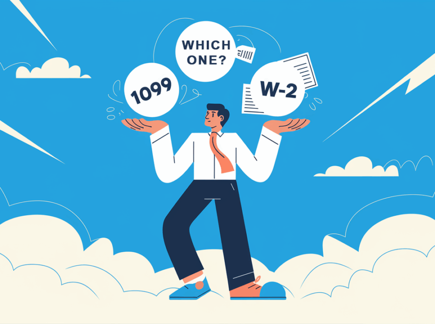 An advertising illustration of a person juggling "1099" and "W-2" icons, depicting the complexities of worker classification.