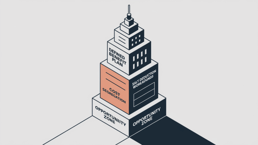 A stylized skyscraper built with blocks representing different tax strategies.
