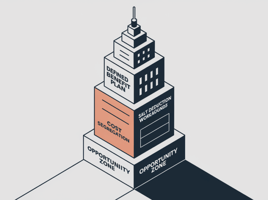 A stylized skyscraper built with blocks representing different tax strategies.