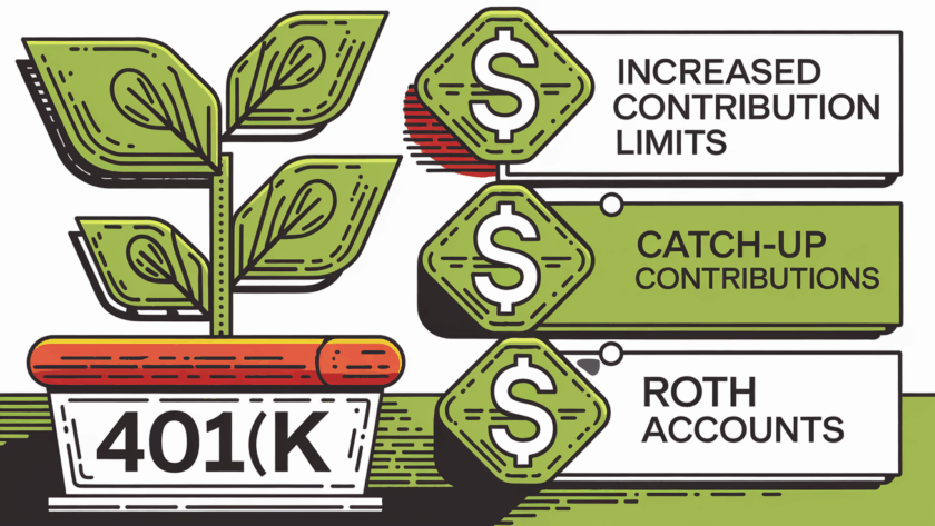 Block illustration of a plant growing in a 401(k) pot, symbolizing retirement savings growth.