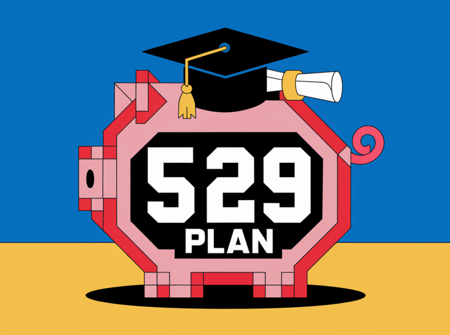 Block illustration of a piggy bank with a graduation cap, diploma, and "529 Plan" label, representing saving for education.