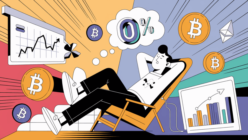 An advertising illustration of a relaxed individual surrounded by cryptocurrency symbols and graphs, with a thought bubble showing a "0%" tax rate, symbolizing tax optimization strategies.
