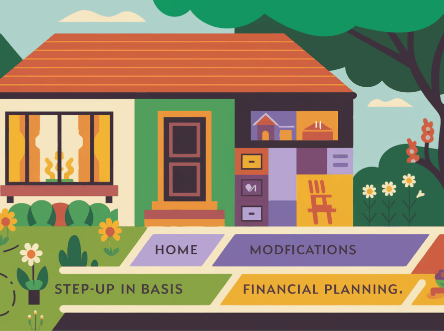 Block illustration of a house with vibrant colors, representing different aspects of aging in place, such as "Home Modifications," "Care Planning," and "Financial Planning."