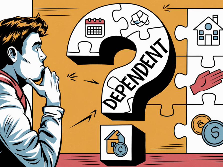 A block illustration of a young adult looking at a question mark made of puzzle pieces, each representing a factor determining dependency. The word "Dependent" is prominent within the question mark.