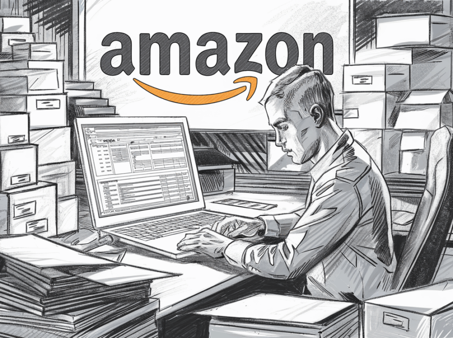 A pencil illustration of an Amazon seller diligently working on bookkeeping tasks.