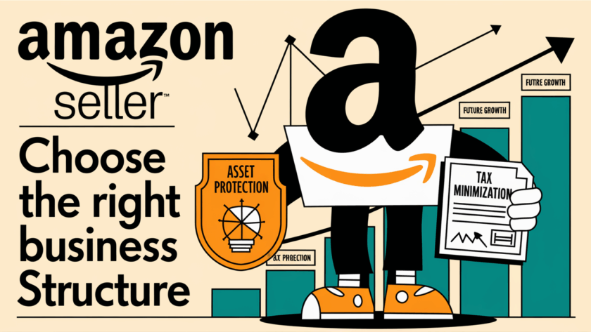 A vintage-style advertising illustration promoting the importance of choosing the right business structure for Amazon sellers.