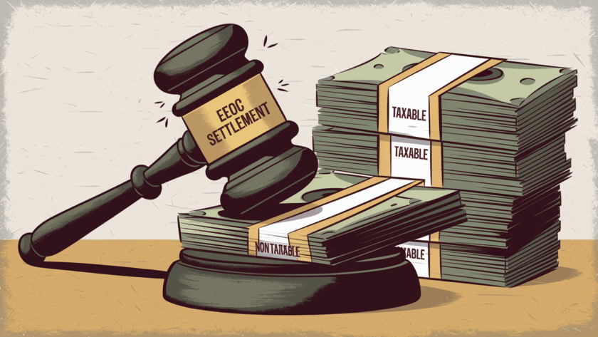A gavel striking a stack of money, divided into "Taxable" and "Non-Taxable" sections.