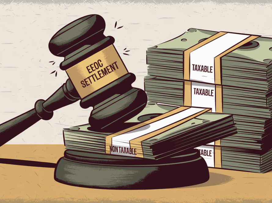A gavel striking a stack of money, divided into "Taxable" and "Non-Taxable" sections.