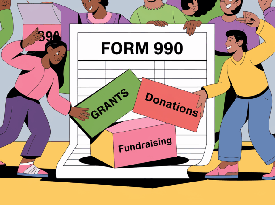People building a "Form 990" with blocks labeled "Grants," "Donations," and "Fundraising."