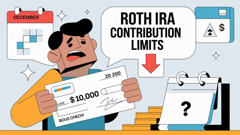 A person receiving a bonus check, with a speech bubble highlighting Roth IRA contribution limits.