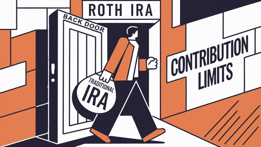 A person carrying a Traditional IRA enters a Roth IRA through a door labeled "Backdoor Roth IRA."