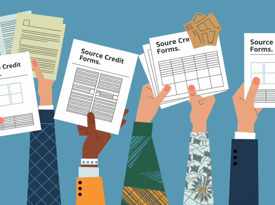 A collage of hands holding various tax credit forms.