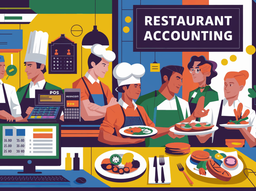 A vibrant block illustration of a busy restaurant with chefs, servers, and customers.