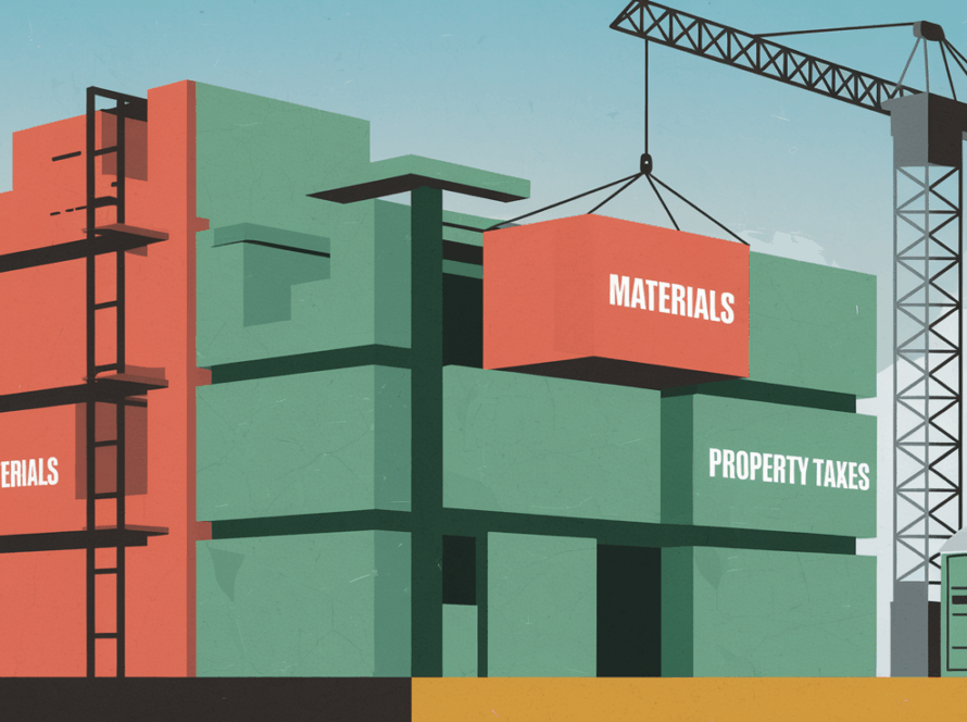 Block illustration of a building under construction with red blocks for capitalized costs and green blocks for deductible expenses.