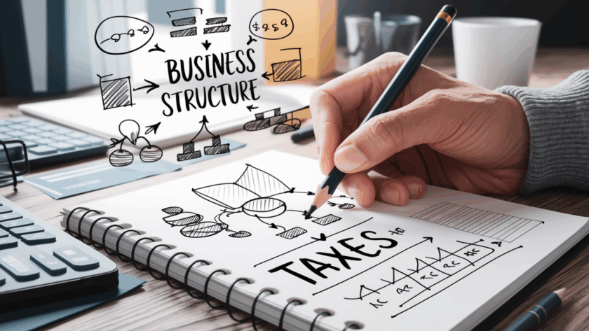 A pencil illustration of a hand drawing business structure diagrams on a notepad, with the word "taxes" subtly incorporated within a calculation.
