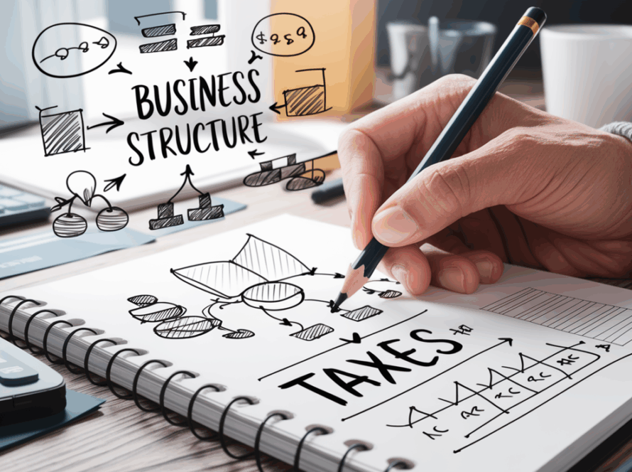 A pencil illustration of a hand drawing business structure diagrams on a notepad, with the word "taxes" subtly incorporated within a calculation.