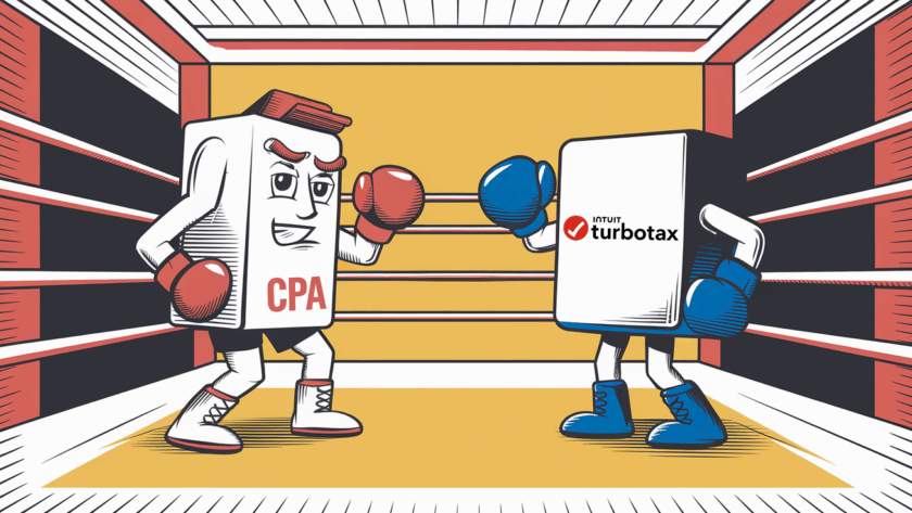 A block illustration of a boxing match between a CPA and TurboTax, representing the choice between professional and DIY tax solutions.