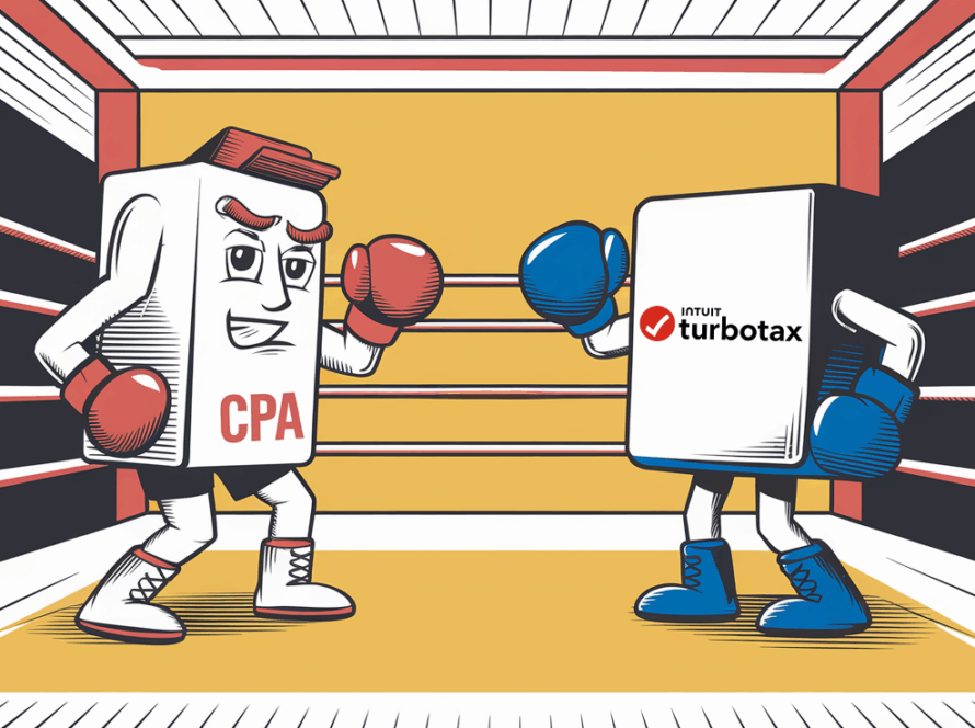 A block illustration of a boxing match between a CPA and TurboTax, representing the choice between professional and DIY tax solutions.