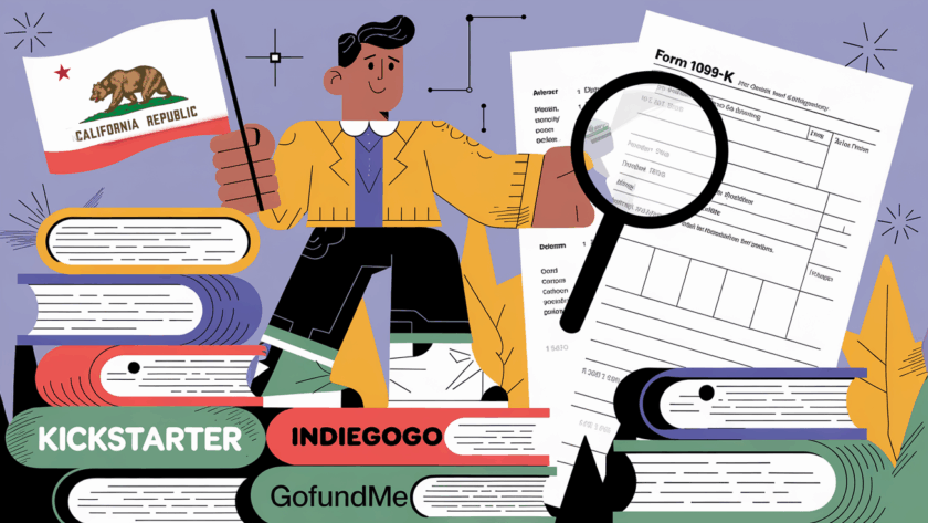 An entrepreneur stands on books, holding a California flag and examining a 1099-K form.