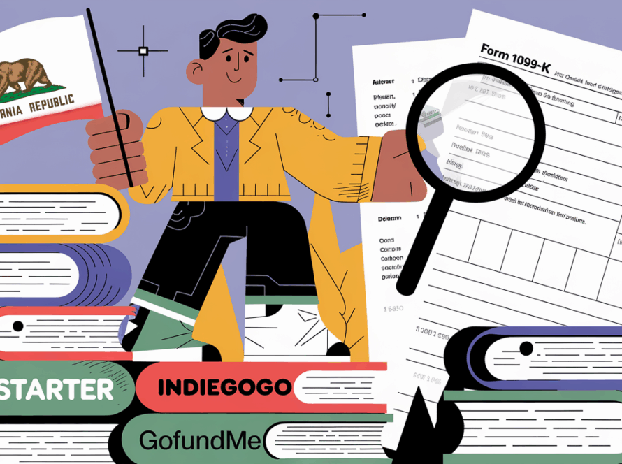 An entrepreneur stands on books, holding a California flag and examining a 1099-K form.