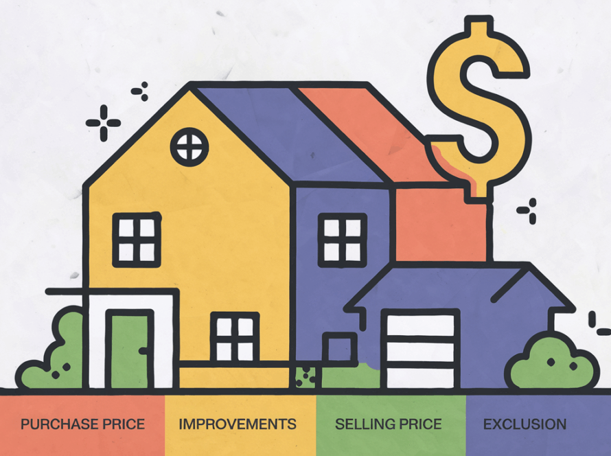 A graphic illustration of a house divided into sections, representing factors involved in calculating capital gains tax.
