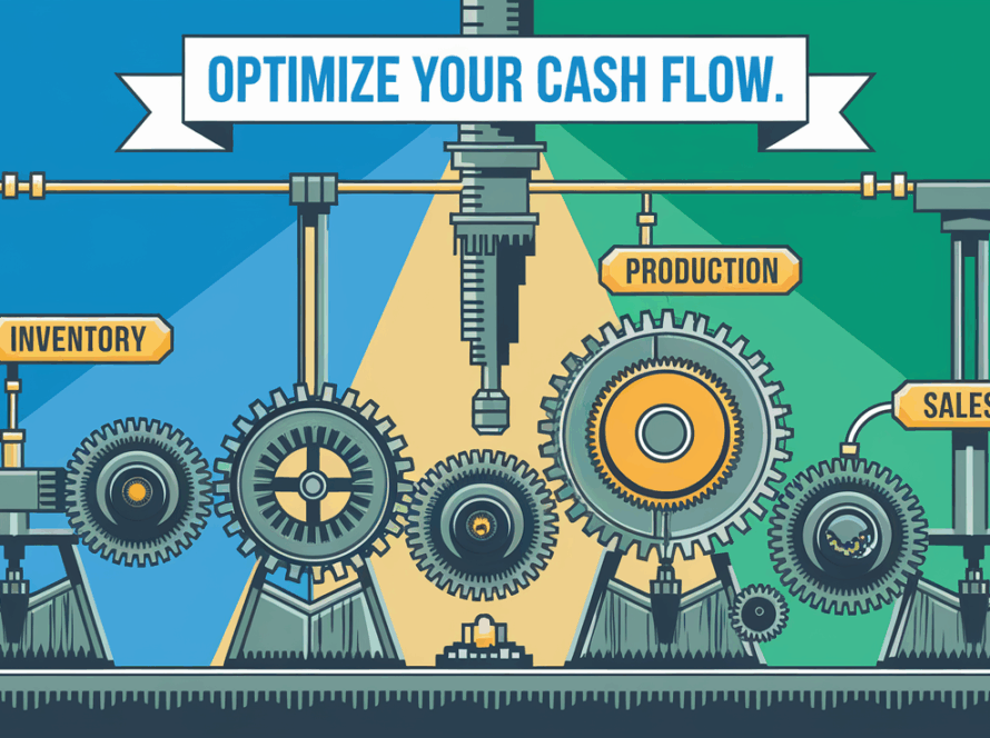Block illustration of a manufacturing assembly line with gears representing cash flow.