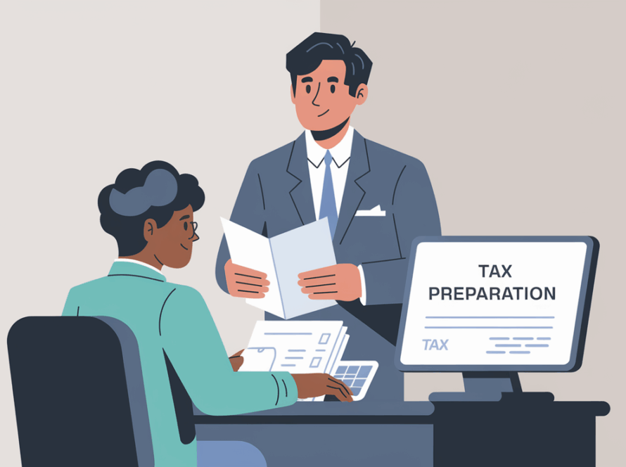 Block illustration of a taxpayer and tax professional working together on tax preparation.