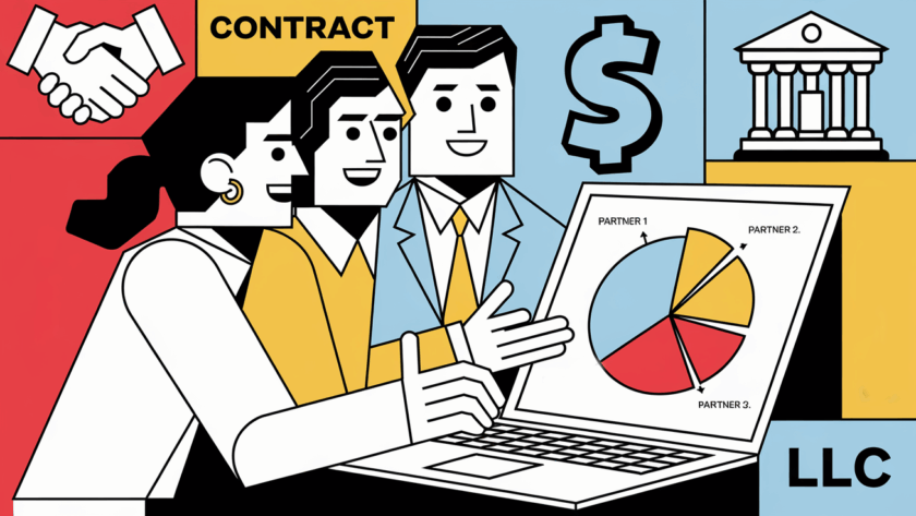 Three abstract figures collaborate on a laptop, with graphic elements representing partnership, taxes, and LLC formation.