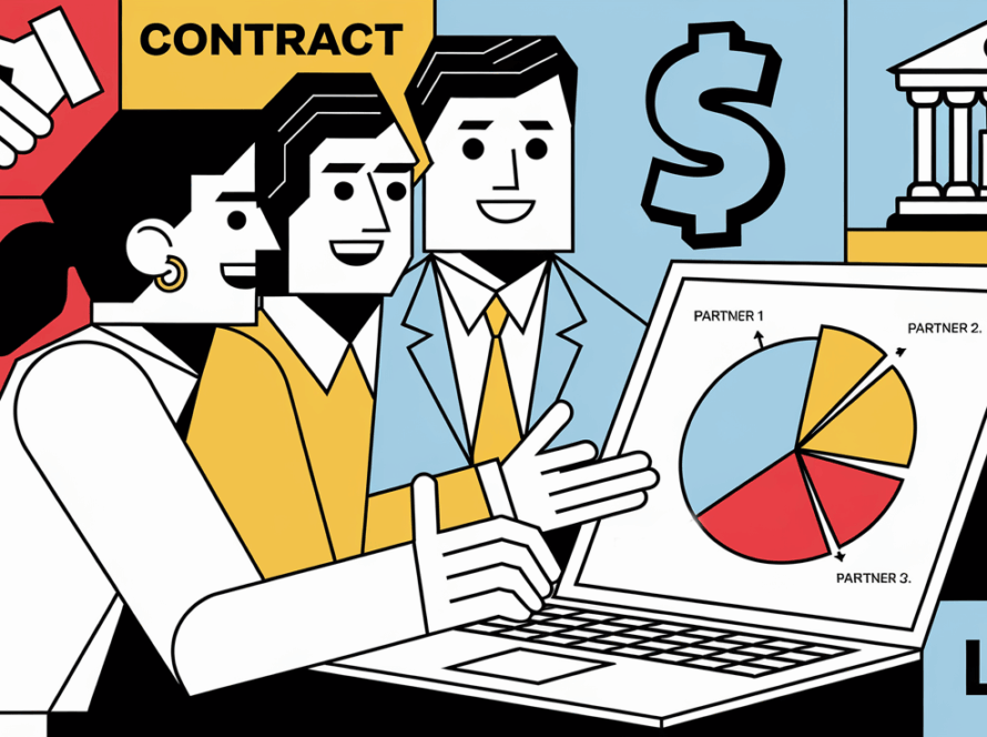 Three abstract figures collaborate on a laptop, with graphic elements representing partnership, taxes, and LLC formation.