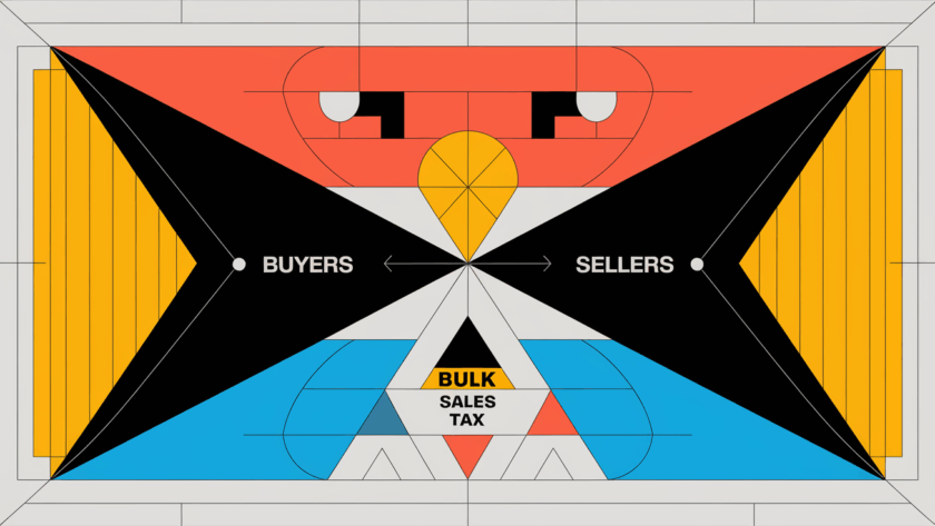 A geometric illustration with contrasting black and white shapes representing the balance between buyers' and sellers' responsibilities in a bulk sale, with "Bulk Sales Tax" integrated as a repeating pattern.