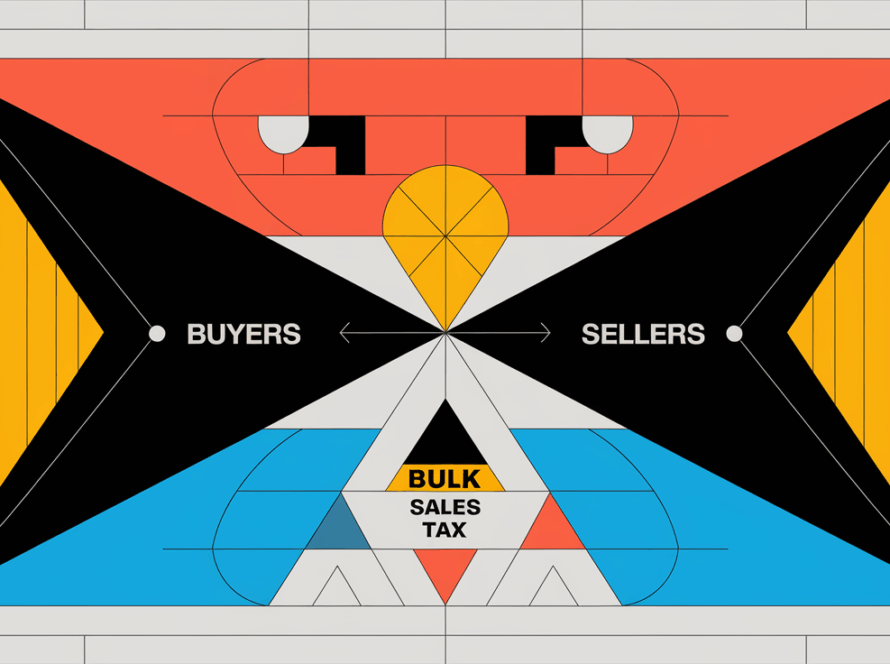 A geometric illustration with contrasting black and white shapes representing the balance between buyers' and sellers' responsibilities in a bulk sale, with "Bulk Sales Tax" integrated as a repeating pattern.