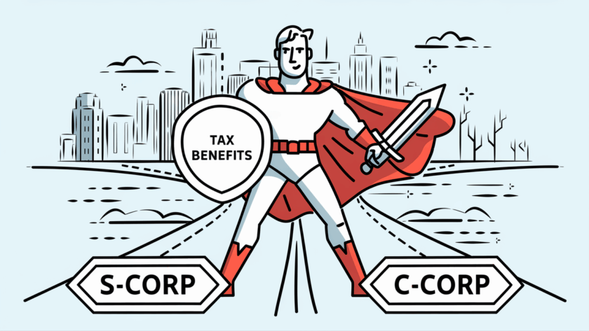 Advertising illustration of a superhero at a crossroads between S-Corp and C-Corp.