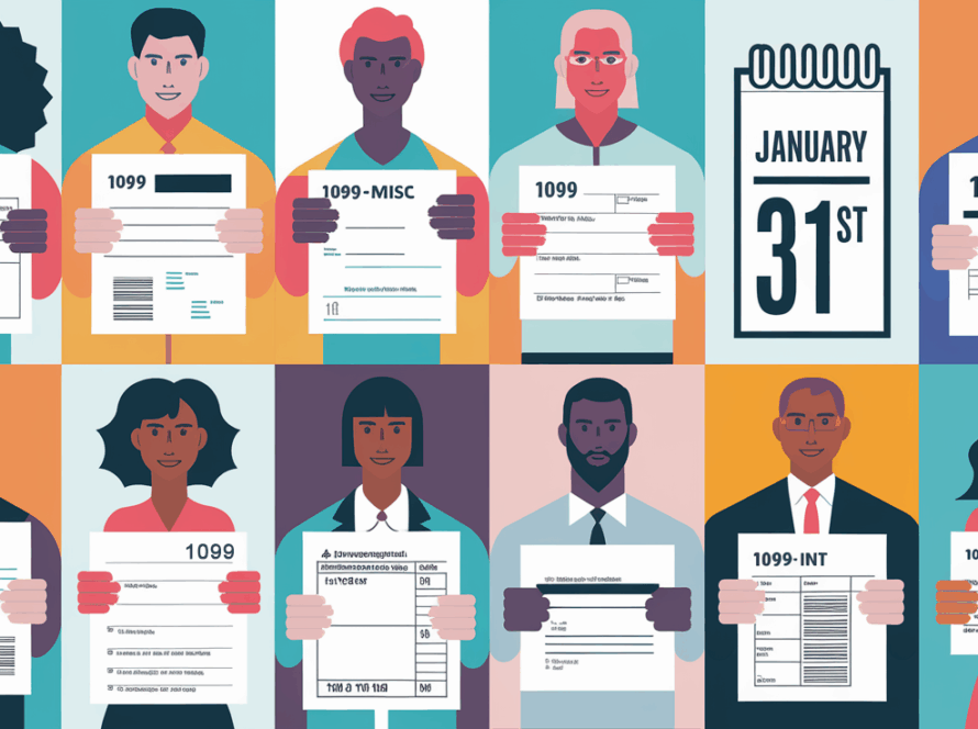 People holding different 1099 forms with a calendar showing the filing deadline.