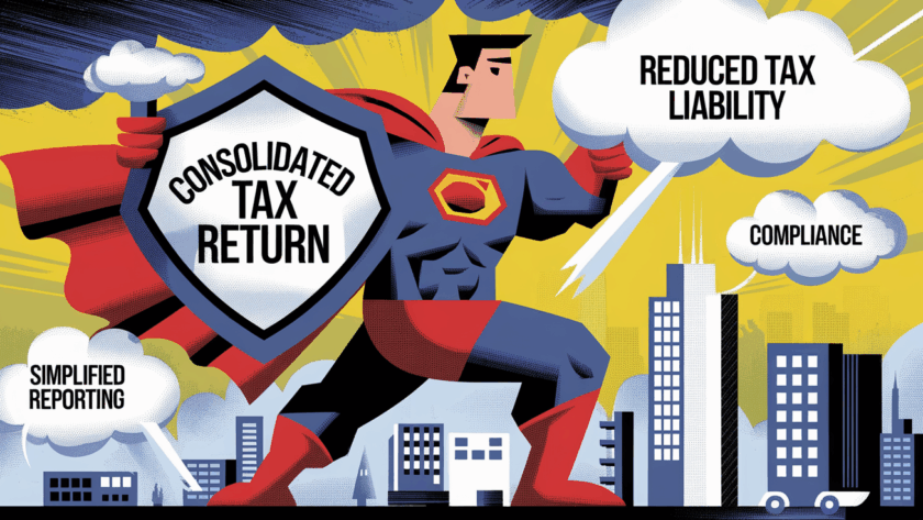 Superhero holding a shield labeled "Consolidated Tax Return."