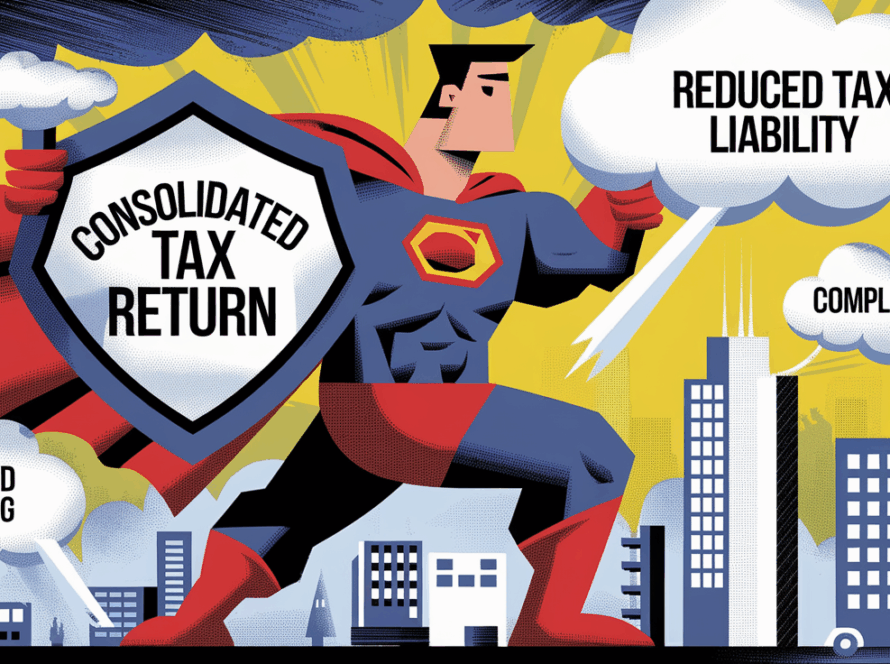 Superhero holding a shield labeled "Consolidated Tax Return."
