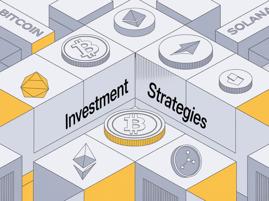 Block illustration of cryptocurrency coins as building blocks, representing investment strategies.