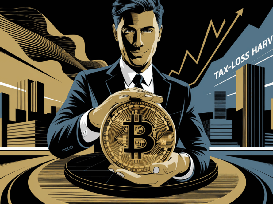 An advertising illustration of a person holding a Bitcoin with a cityscape and rising graph, subtly featuring "Tax-Loss Harvesting" on a billboard.