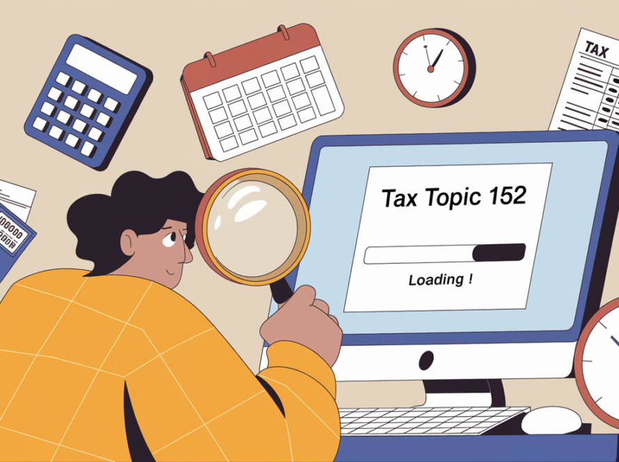 A person examining "Tax Topic 152" on a computer screen with a magnifying glass.