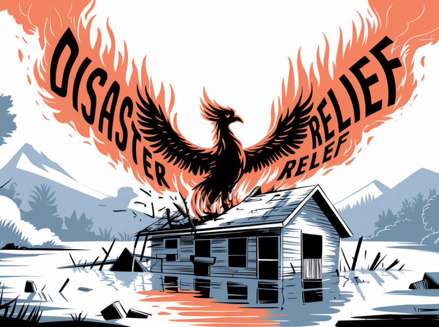A phoenix rising from the ashes of a flood-damaged house with "Disaster Relief" in the smoke.
