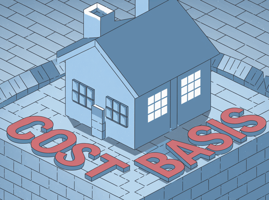 A block illustration of a house divided in half, with one half larger than the other, representing a divorce buyout. The keyword "Cost Basis" is displayed on the foundation.